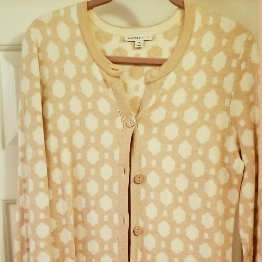 Isaac Mizrahi Lattice Jacquard Long Cardigan Beige/Ivory Sz M Duster A235217